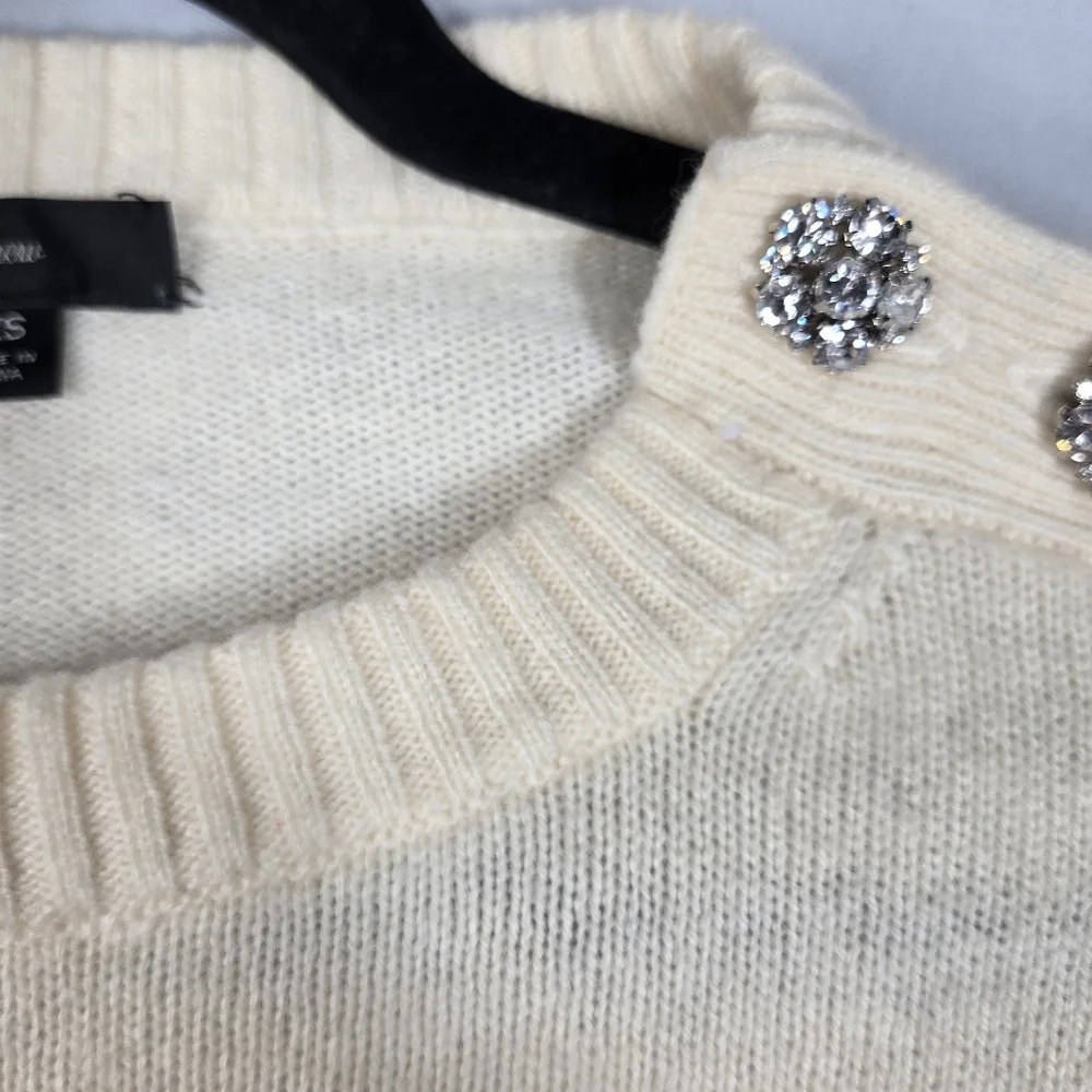 J. Crew Ivory Sweater Lambswool Blend Crew Neck Retro Rhinestone Trim Womens XS